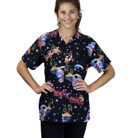 Unisex Hawaiian Santa Claus Print Short Sleeve Button Down Shirt Size 2XL EUC - Picture 2 of 11